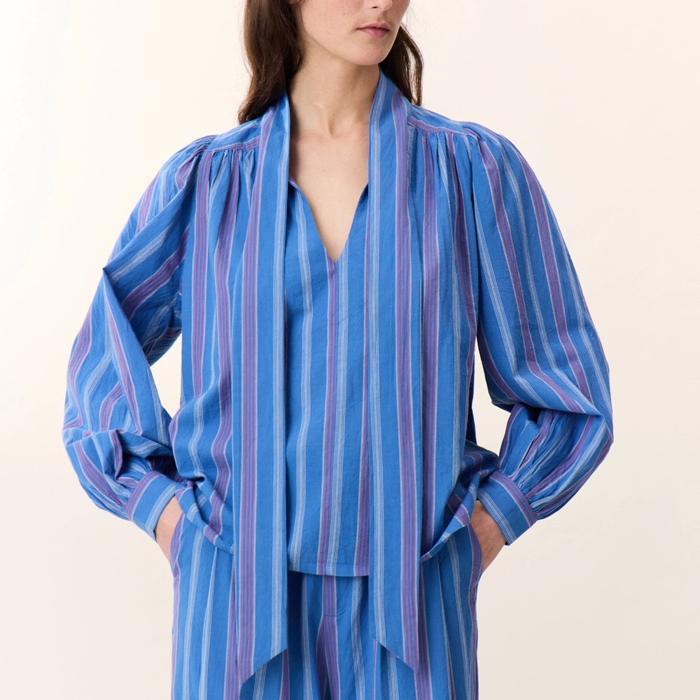 Blue & Purple Striped Tie-Neck Blouse